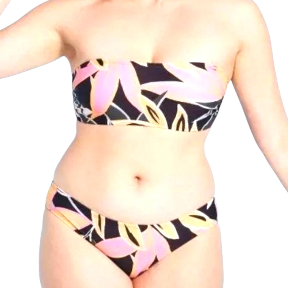 Kona Sol Bandeau Bikini Top & Hipster Bottoms Orange Pink Black Floral Tropical